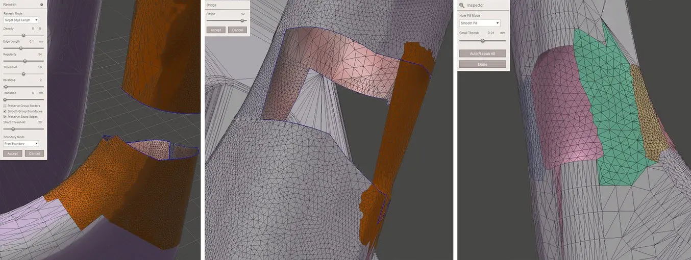 In Meshmixer, la creazione di "ponti" tra superfici cilindriche richiede diverse operazioni di bridging, remeshing e di riempimento dei fori.