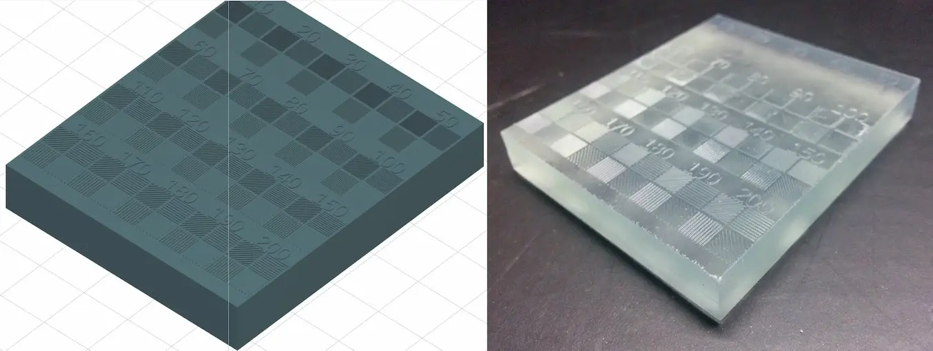Per testare le dimensioni minime dei dettagli della Form 2 sul piano XY, abbiamo progettato un modello (a sinistra) con linee che vanno da 10 a 200 micron e l'abbiamo stampato in Clear Resin (a destra).