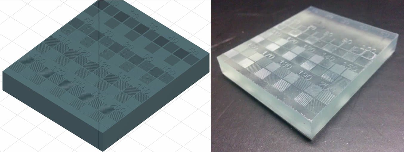 Um die minimale Strukturgröße des Form 2 auf der XY-Ebene zu testen, entwarfen wir ein Modell (links) mit Linien von 10 bis 200 µm Breite und druckten es im Transparenten Kunstharz (rechts)