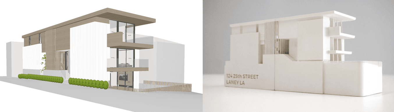 Un modèle numérique d'un plan architectural à côté de la maquette à l'échelle fabriquée par impression 3D.