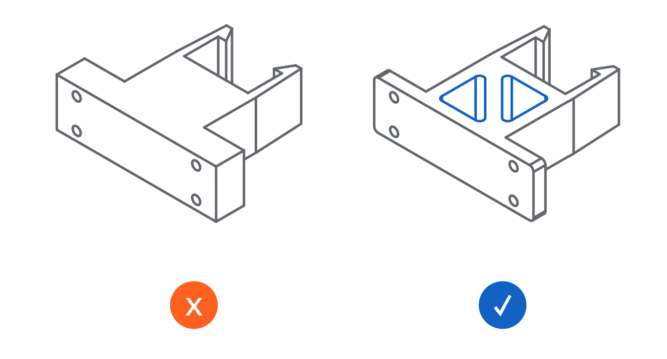 Ahuecar las piezas para mantener un grosor de pared uniforme reducirá la acumulación de tensión térmica en los lugares donde hay grandes cambios en la sección transversal del modelo.