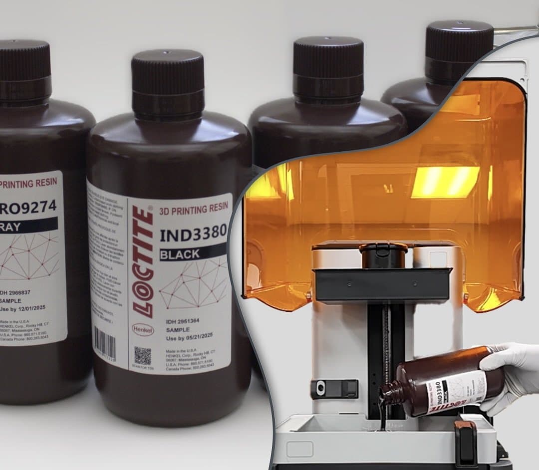 Bottles of Loctite resin and someone pouring resin into a Form 3 resin tank