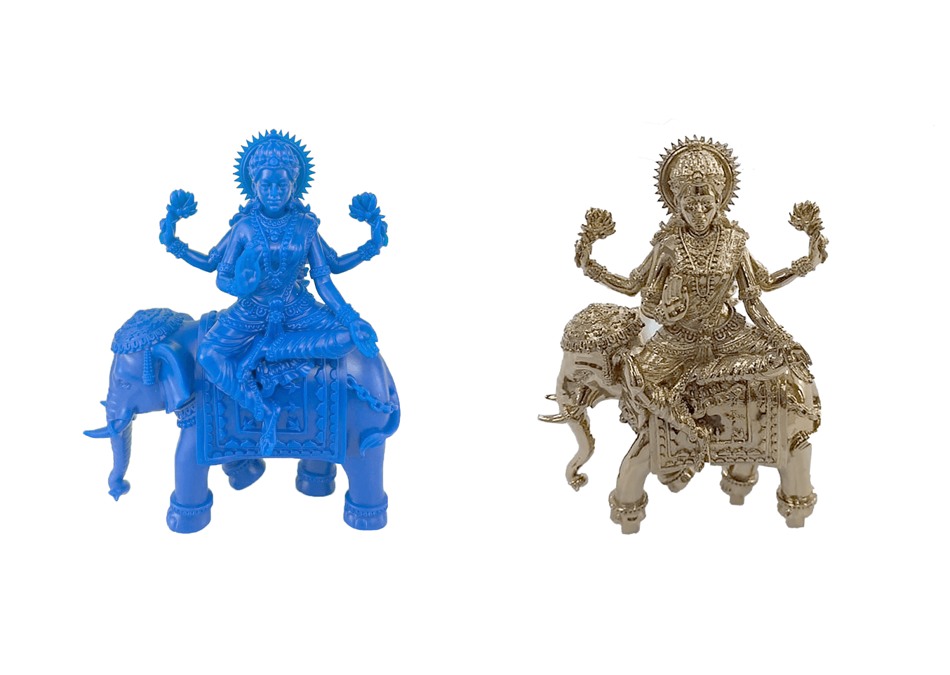 a religious idol 3d printed in wax resin and another religious idol after post-processing in brass