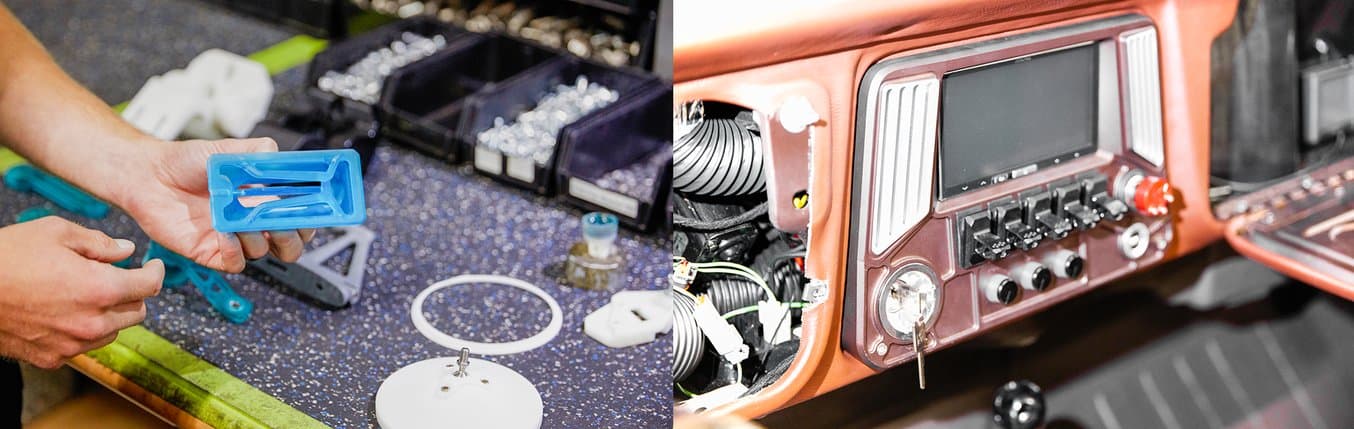 A 3D printed air vent part next to an air vent in a Ringbrothers custom car.