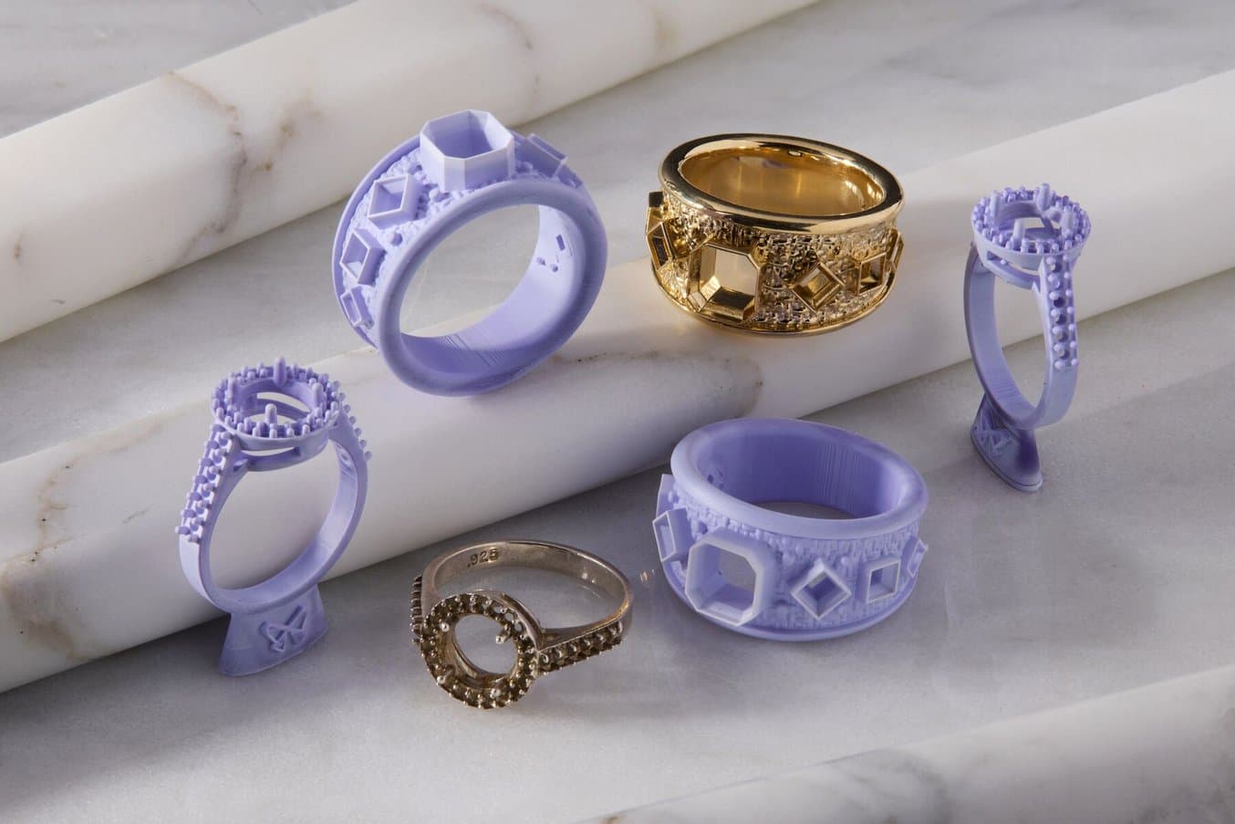Rings 3D printed in True Cast Resin, and some cast metal rings
