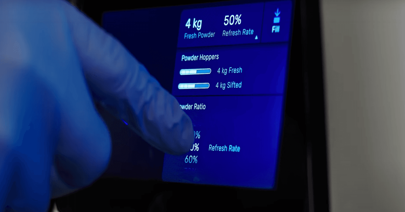 The Fuse Sift's interactive touch screen enables custom refresh rate, automated powder mixing, powder reclamation, and recycling.