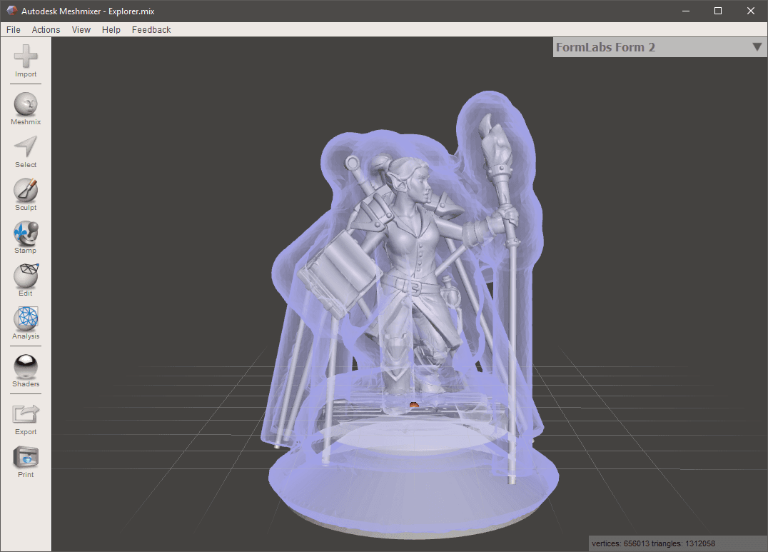 In a sacrificial shell, the detailed model is on the inside of a thin mold. Add vents from high points in the model to prevent air bubbles from getting trapped.