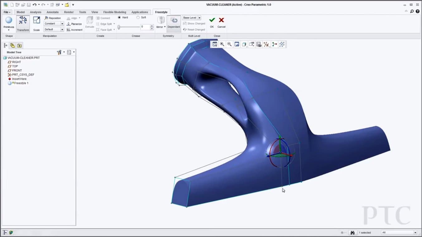 Creo recuerda a SolidWorks pero es ligeramente más potente en cuanto capacidades de modelado de superficies, como el módulo FreeStyle.