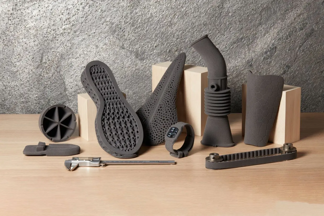 Flexible SLS 3D printed parts, including wearables, performance sports equipment, and shoe insoles