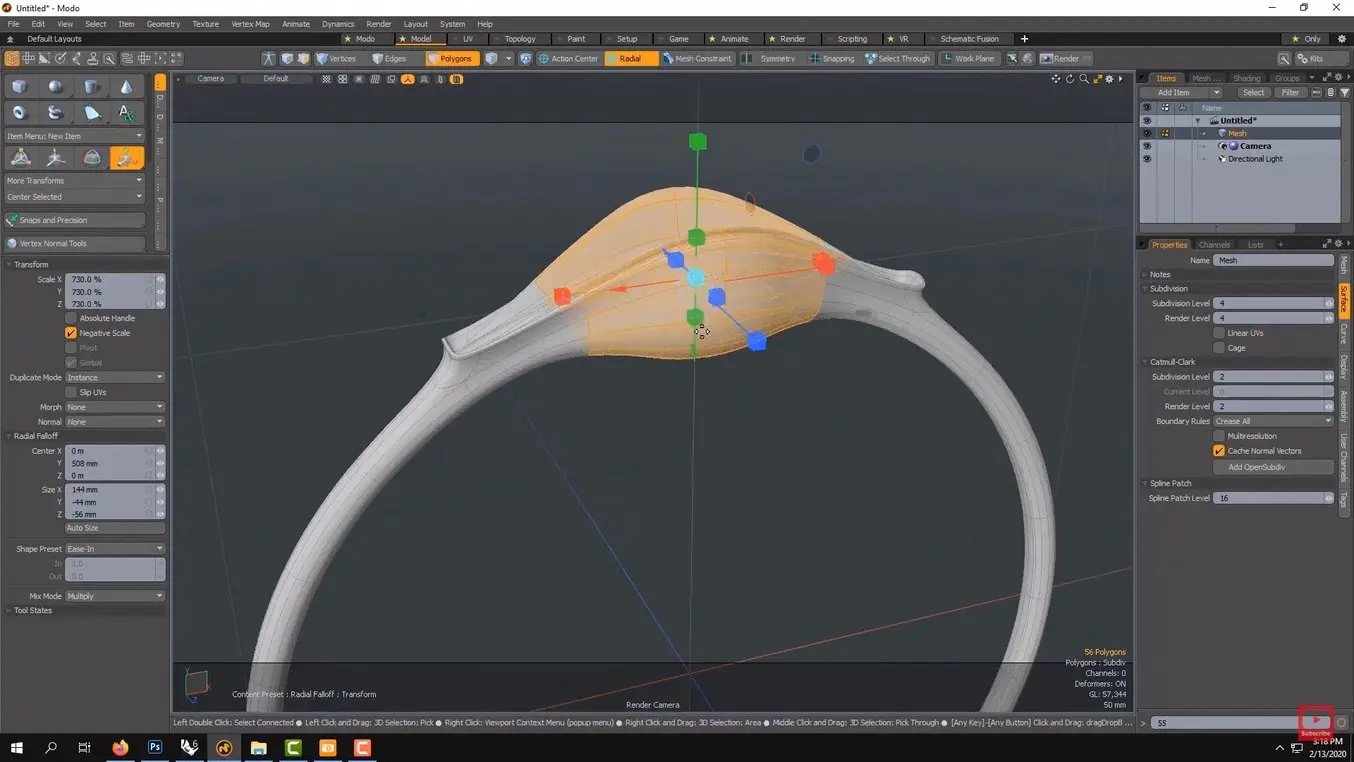 Modo offre un controllo avanzato sui deformatori di mesh, come si vede in questa operazione di espansione con cascata ellittica.