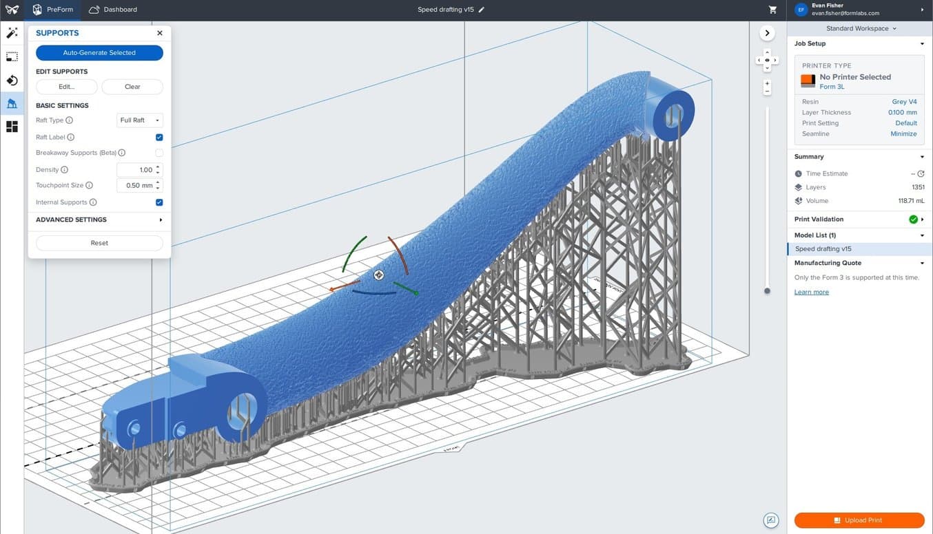 A PreForm screen showing the textured model and supports