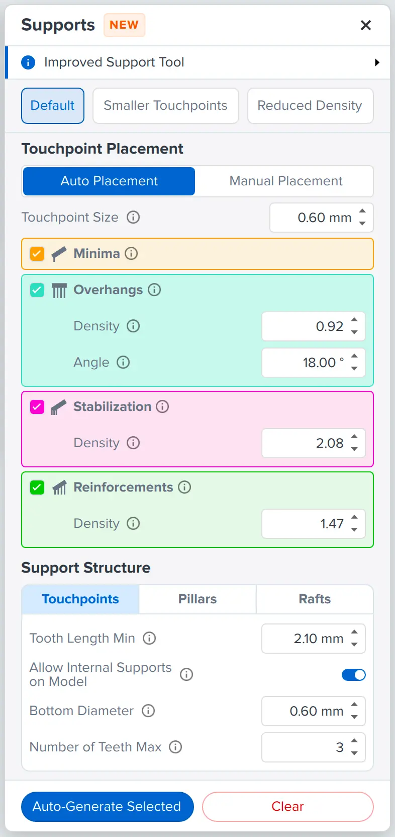 Screenshot of menu in PreForm