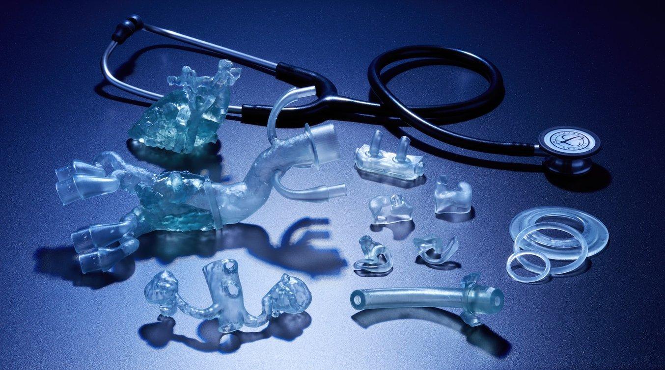 A stethoscope and anatomical models and medical devices 3D printed in clear resin