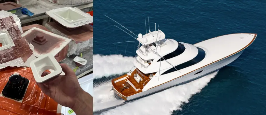 3D printed fiberglass mold and fiberglass part next to a yacht
