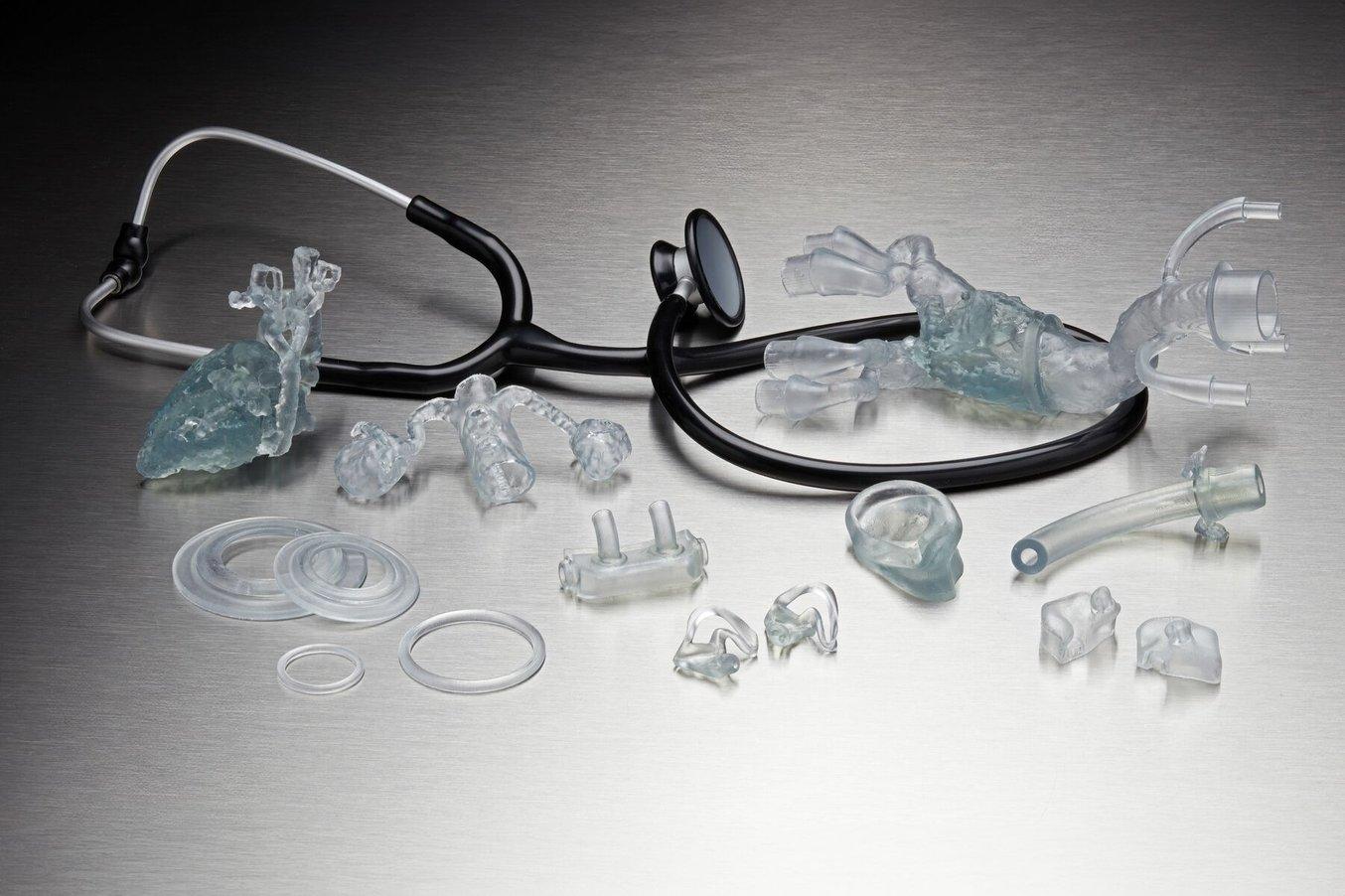 Photo of several medical-grade parts 3D printed with BioMed Flex 80A Resin