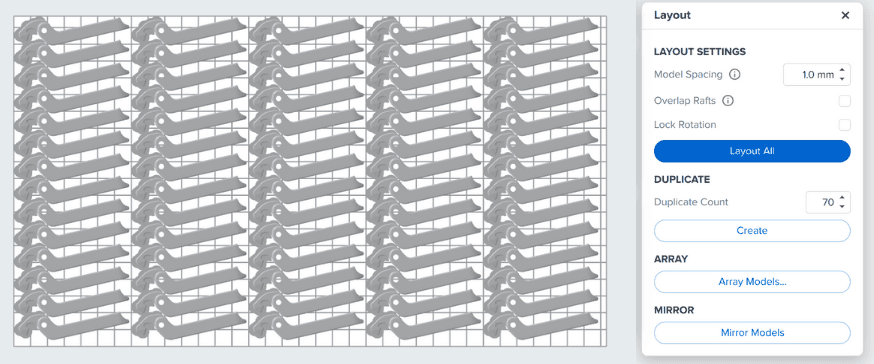 PreForm screenshot of packed mixer latches laid out for SLA