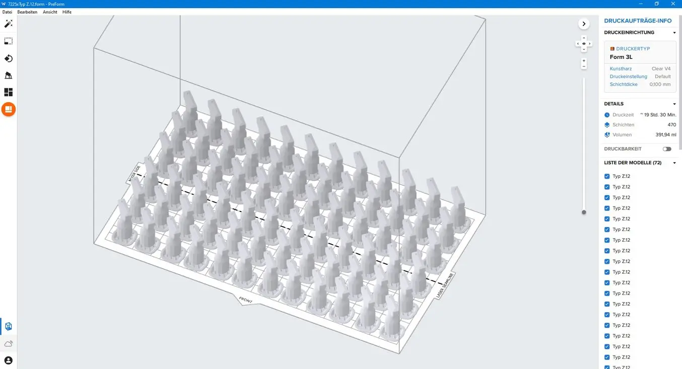 72 nozzles produced on the Form 3L with a print time of 19.5 hours.