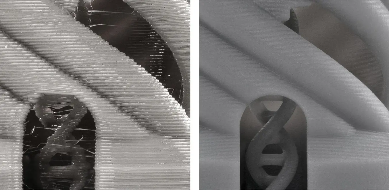 Trace de couches sur des pièces imprimées par FDM (à gauche) et par SLA (à droite).