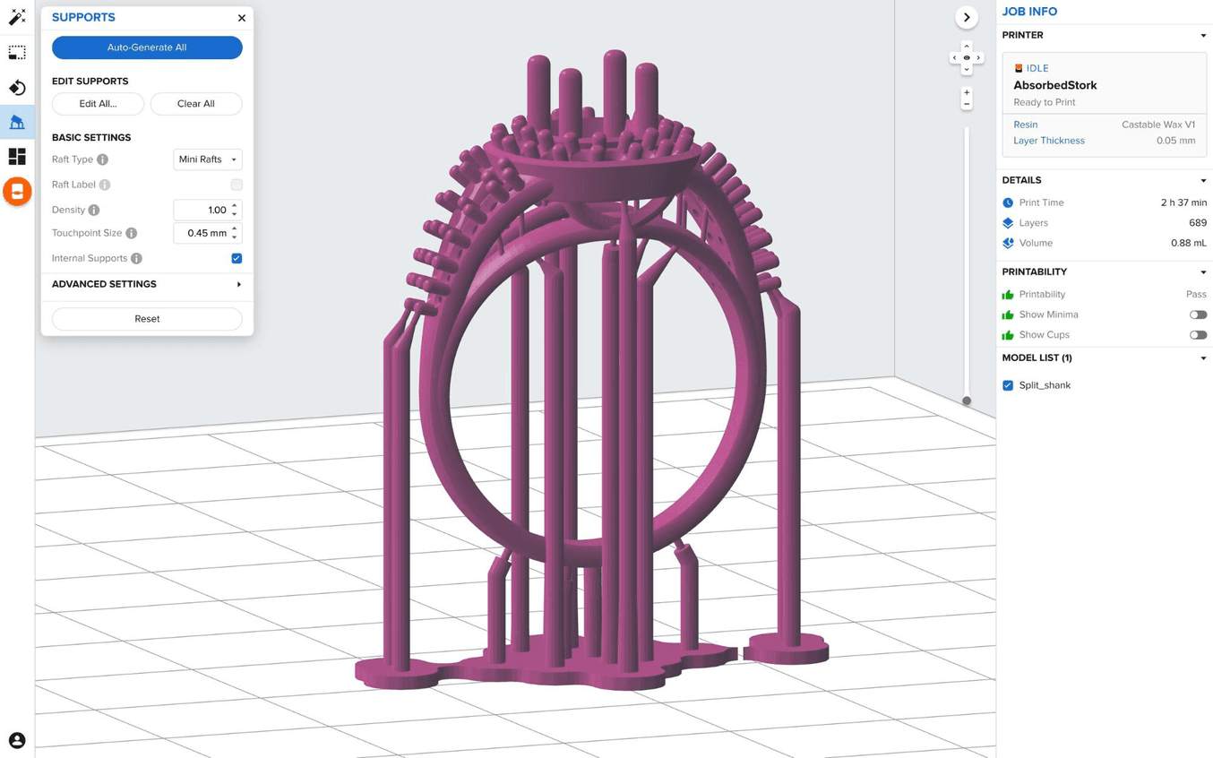 Supports de résine de cire coulable dans PreForm