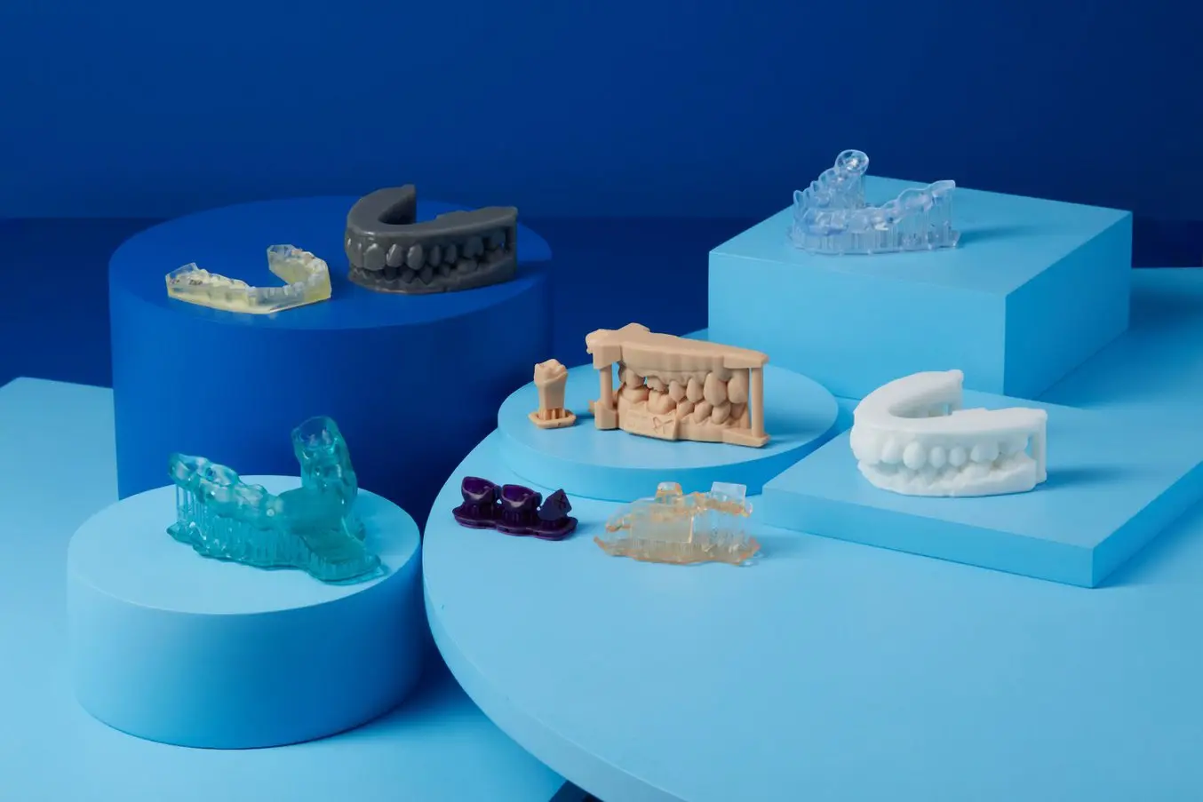 A variety of dental parts printed in different resins