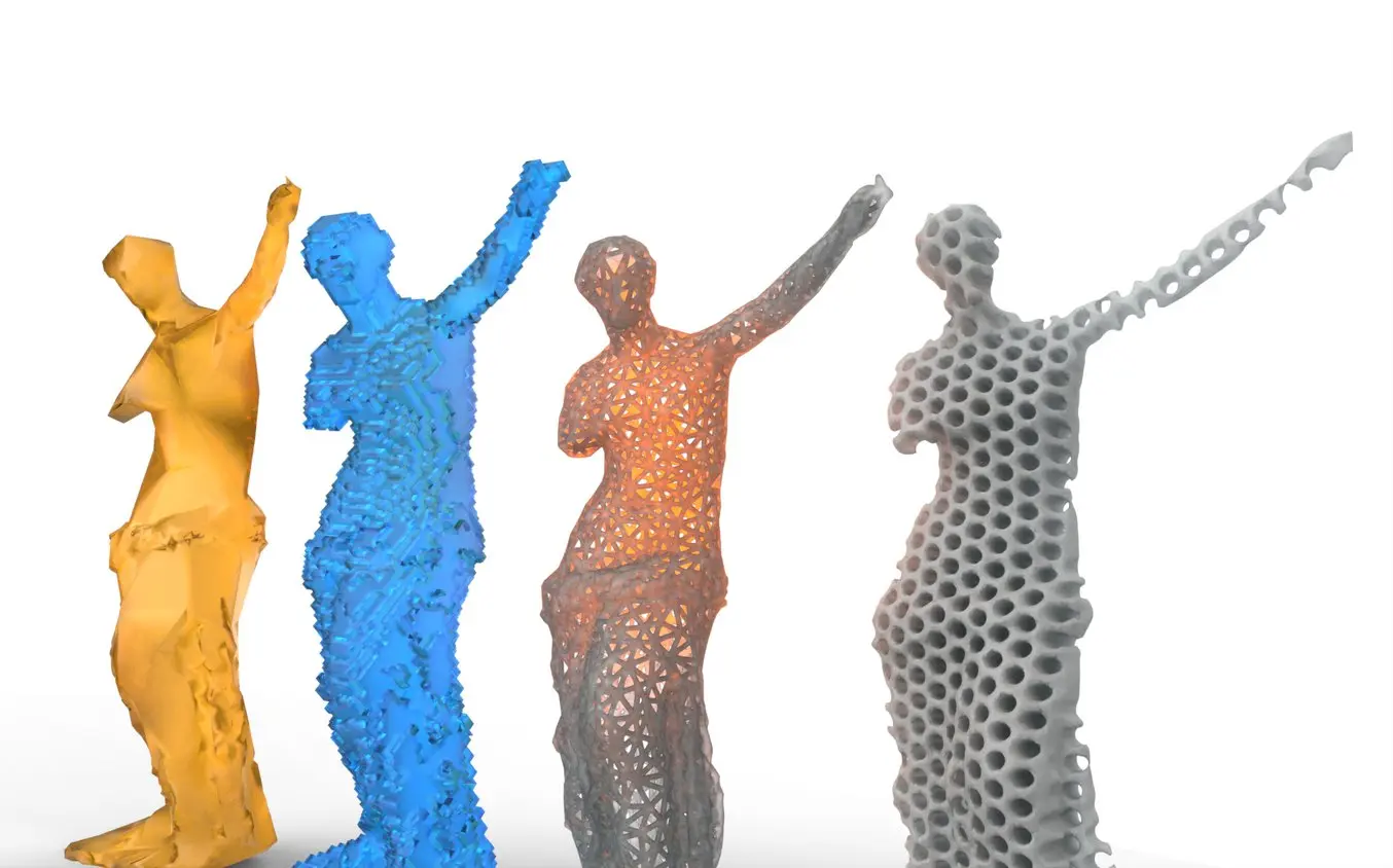 Meshmixer tutorial - Low-poly, voxelized, wireframe, and perforated pattern variations.