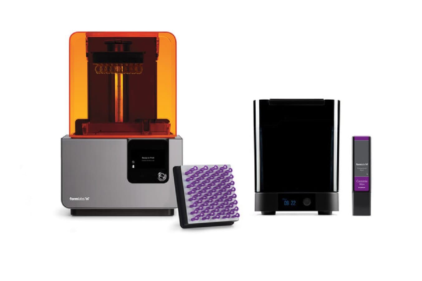 Castable Waxでの3Dプリントシステム:デスクトップ3Dプリンタ、自動洗浄装置Form Wash、Castable Wax Resinカートリッジ、レジンタンク、ビルドプラットフォーム。