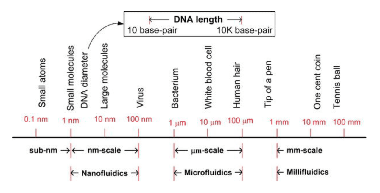 Exemple d’échelle de grandeur approximative et des limites entre la nano, macro et millifluidique. (source)