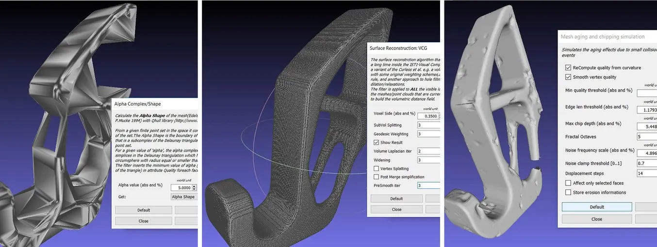 Fonctions avancées de reconstruction de surface dans Meshlab, certaines plus efficaces que d'autres.