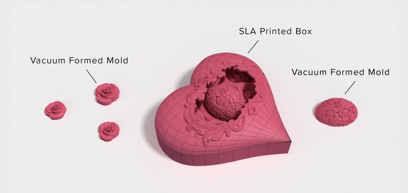 Con la stampa 3D e la formatura sottovuoto, puoi realizzare cioccolatini elaborati come più ti piace.