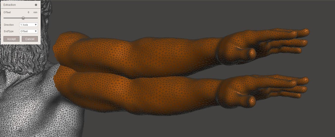 Meshmixer tutorial - Venus model - The Extract command creates a duplicate or offset of a selected area.