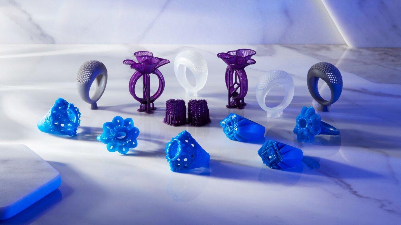 Castable Resin, Castable Wax 40 Resin, Grey Resin, and Clear Resin rings printed on the Form 3+ stereolithography printer.