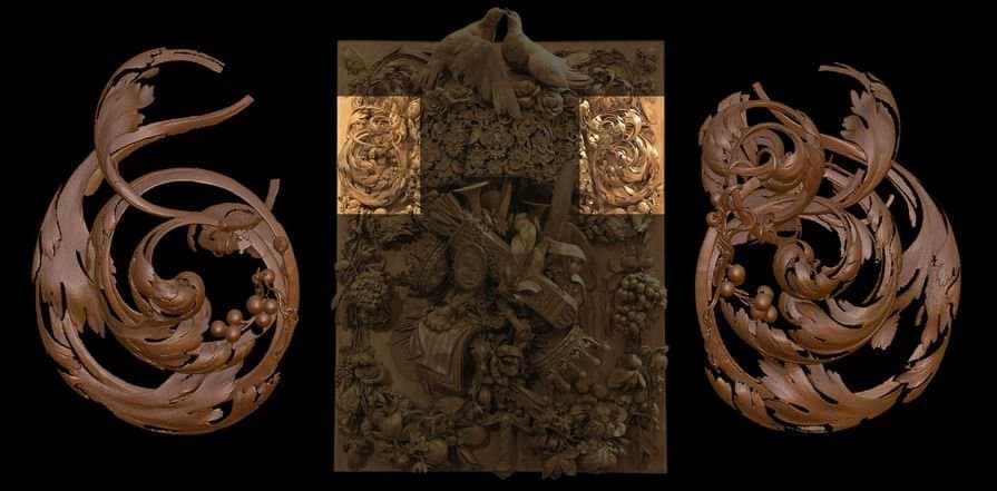 Il Pannello di Cosimo III, un intaglio ligneo risalente al XVII secolo, ad opera di Grinling Gibbons. Mercante ha creato uno “stampo virtuale” (a sinistra) basato sulla scansione di una decorazione simile all’interno del pezzo (a destra) e lo ha accuratame