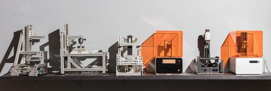 Consecutive prototypes of the Form 1, the first desktop stereolithography (SLA) 3D printer.