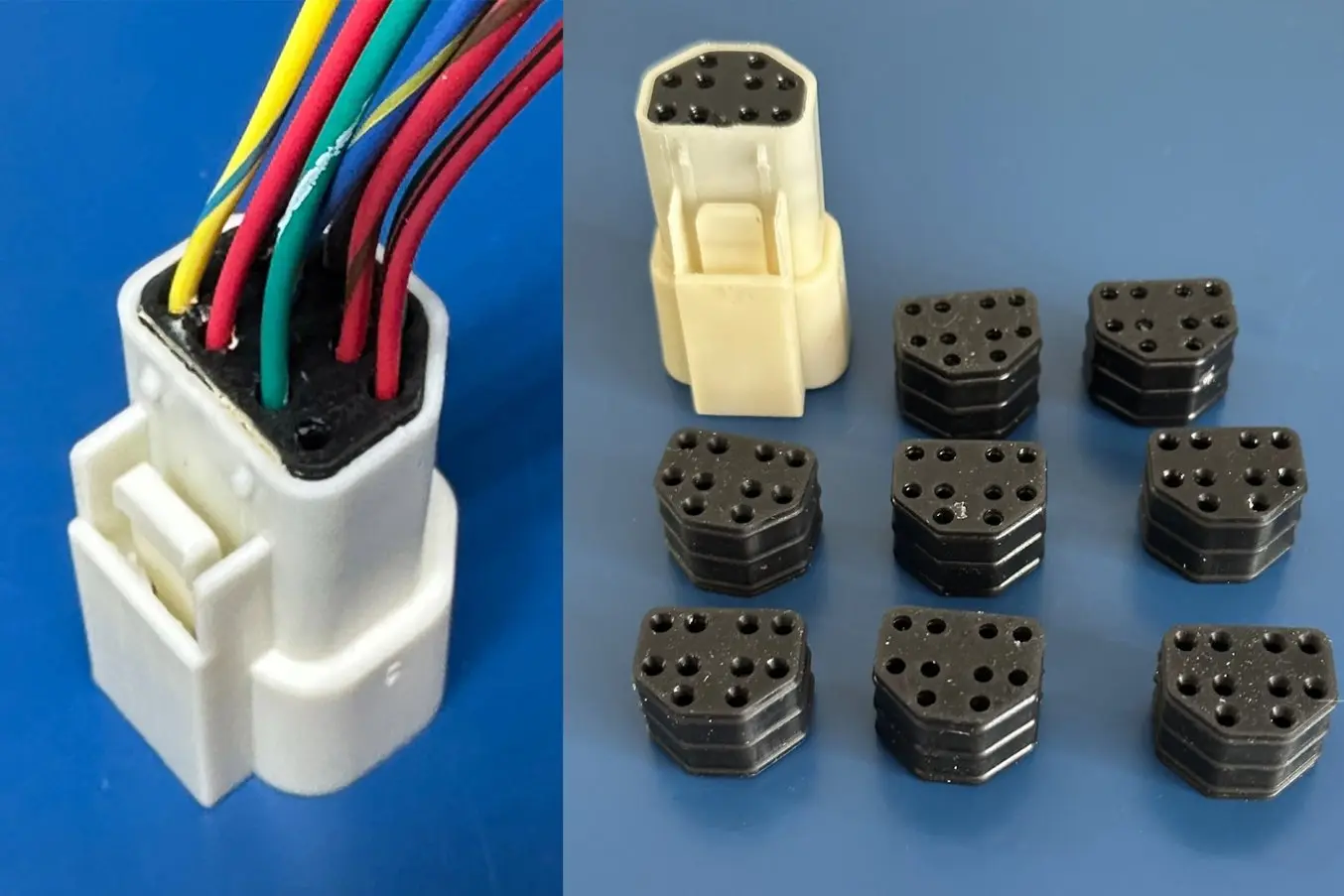 Connectors seals as printed and assembled with a housing and electronics.