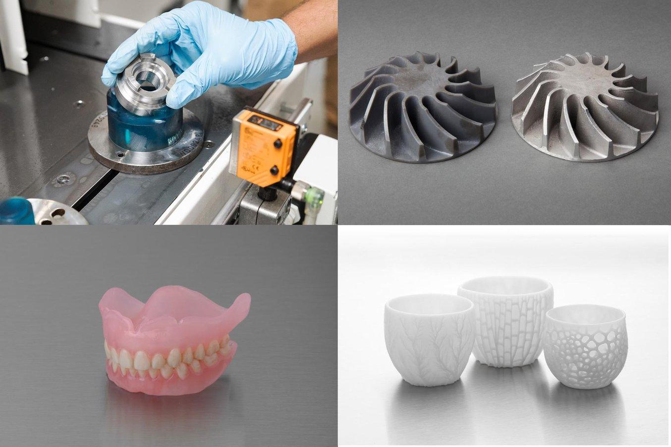 Four parts produced using the same SLA 3D printer. From top left to bottom right: a fixture in an automated production line at an automotive factory; a metal part casted using a 3D printed pattern; a biocompatible denture; and ceramic tableware.