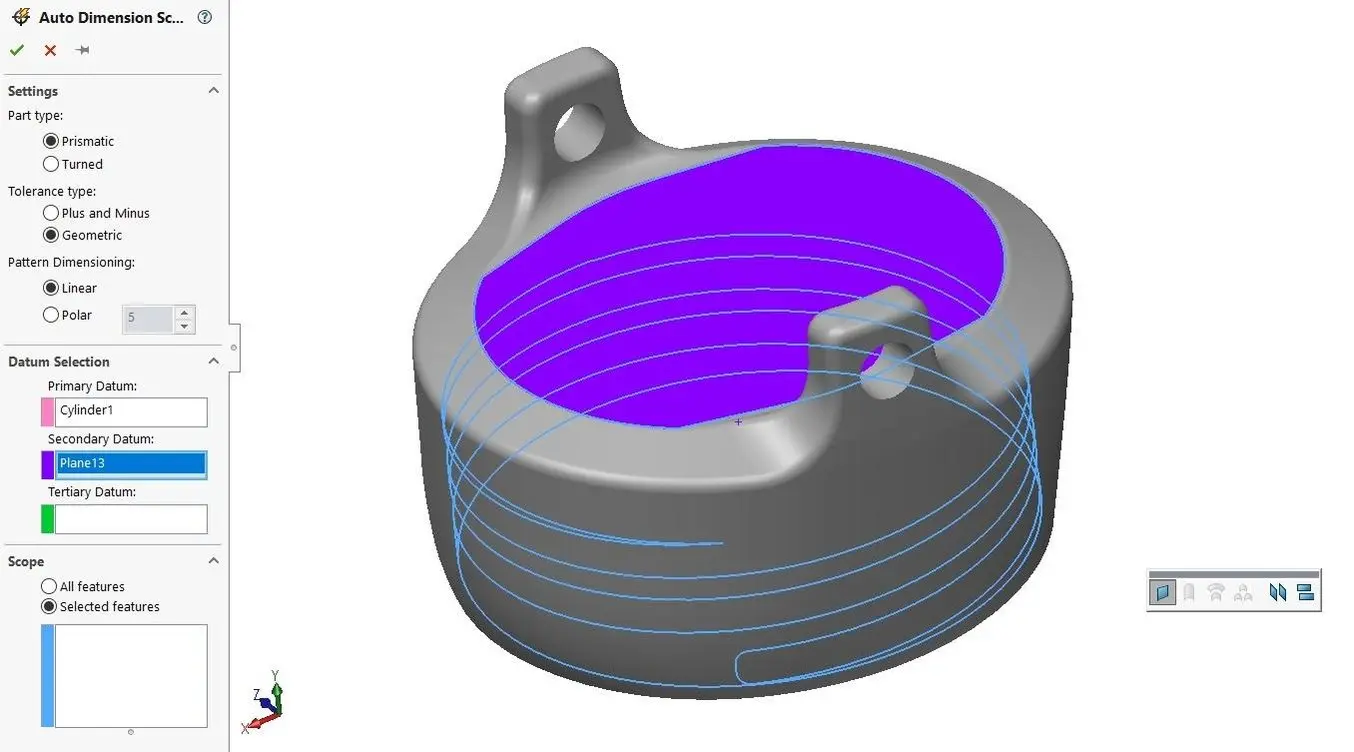 Selección de datums y características para tolerancias geométricas en SolidWorks.