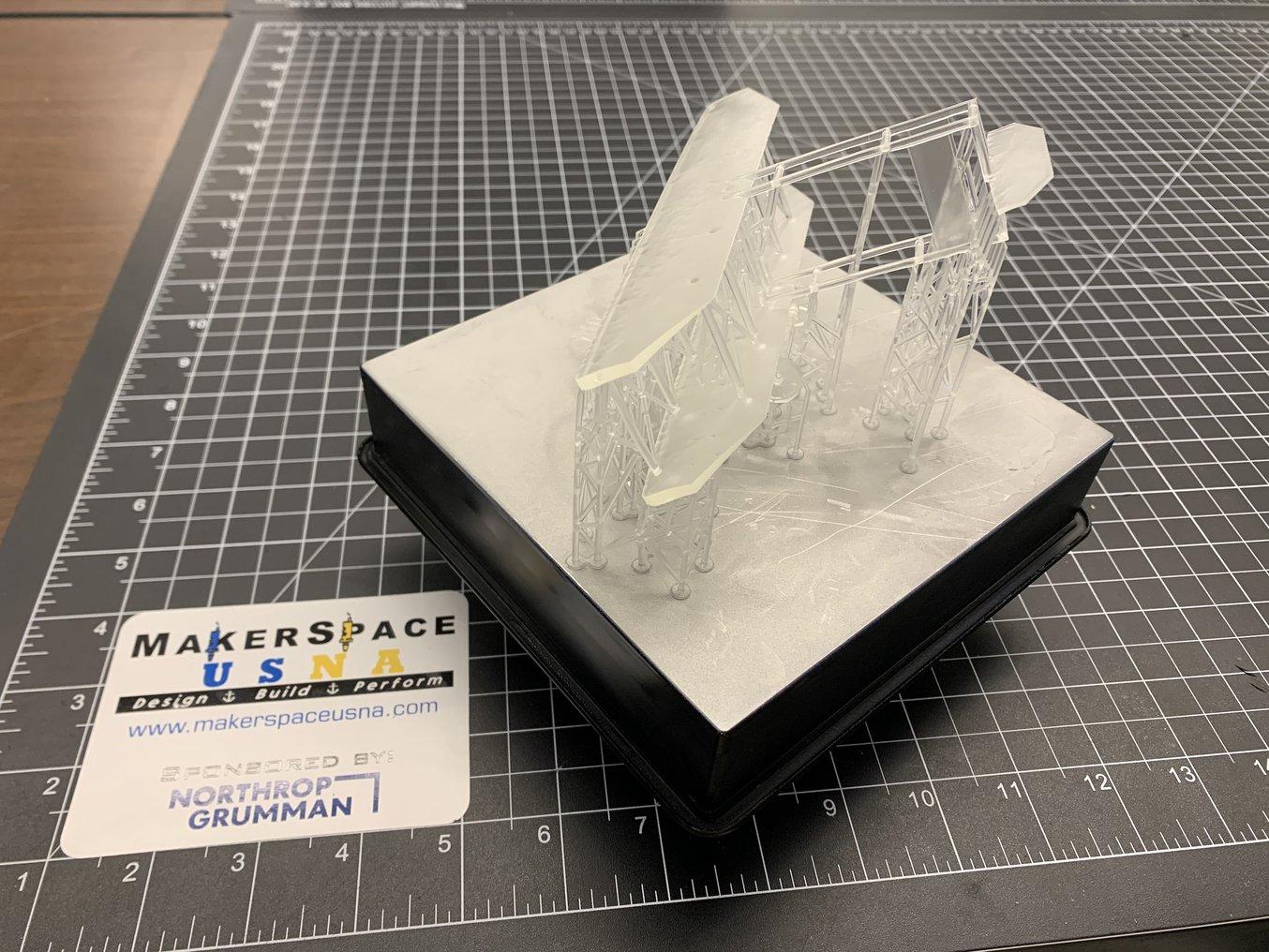 A 3D printed model of the Wright Brothers' plane, printed on the Form 3 stereolithography resin 3D printer in Clear Resin.