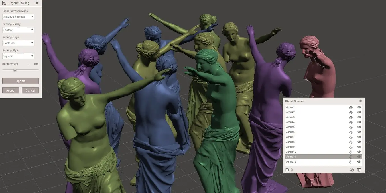 Meshmixer tutorial - MeshMixer's Packing algorithm optimizes the layout to save space when 3D printing multiple objects.
