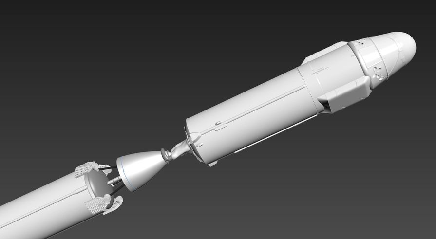 Oli designed the Falcon 9 CAD model in 3DS Max. This image shows the second stage of the Falcon 9 rocket and the payload with the Dragon capsule on the top. 
