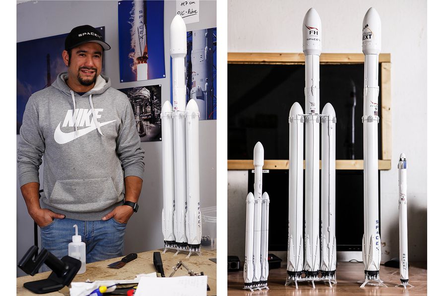 Showing off scale and proportion. Oli standing next to the 1:72 Falcon Heavy model (left), and the full scale model lineup (right).
