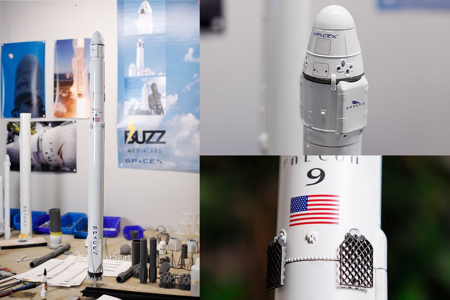 Falcon 9 rockets (left), the Dragon capsule (top right), and the new titanium grid fins (bottom right). SpaceX updated the fins for the most recent flight, and Oli has managed replicate them on his own models in merely a few days.